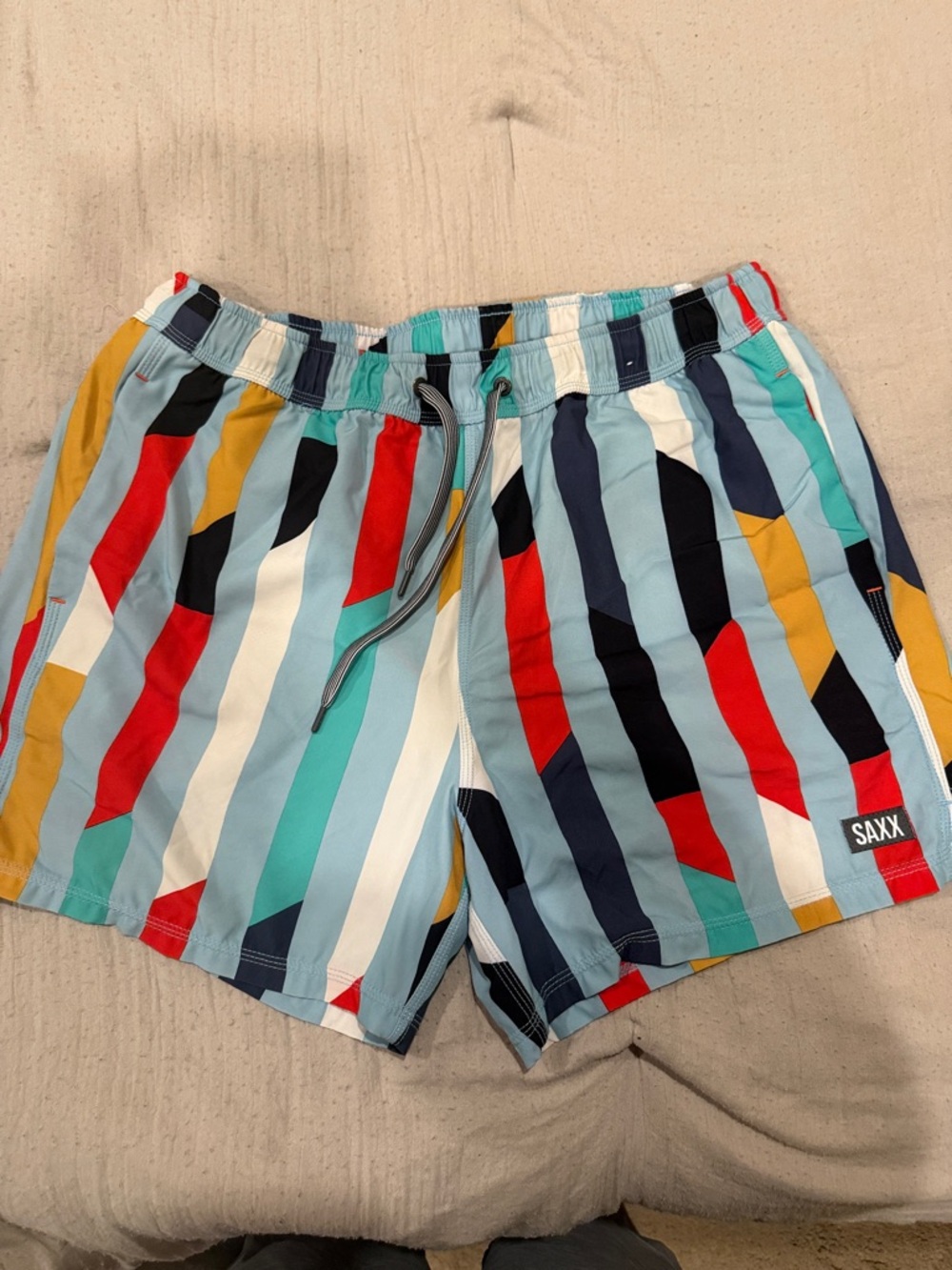 Saxx Oh Bouy Large Multi-Stripe Swim Shorts in Teal, Red, Yellow and Navy